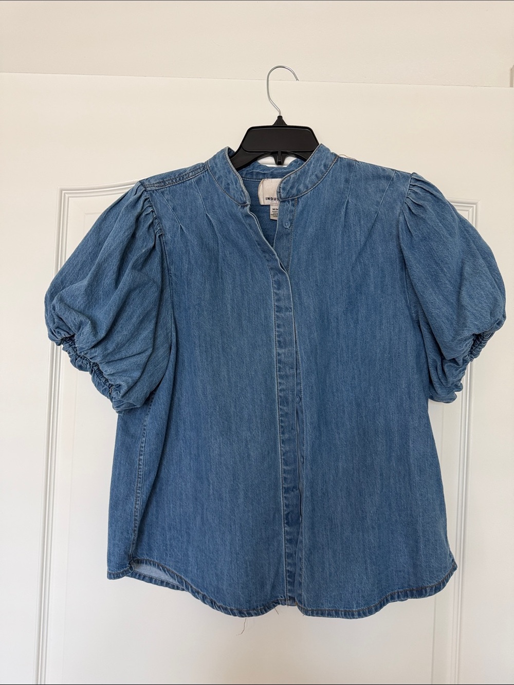 Puff-Sleeve Denim Blouse in Light Blue